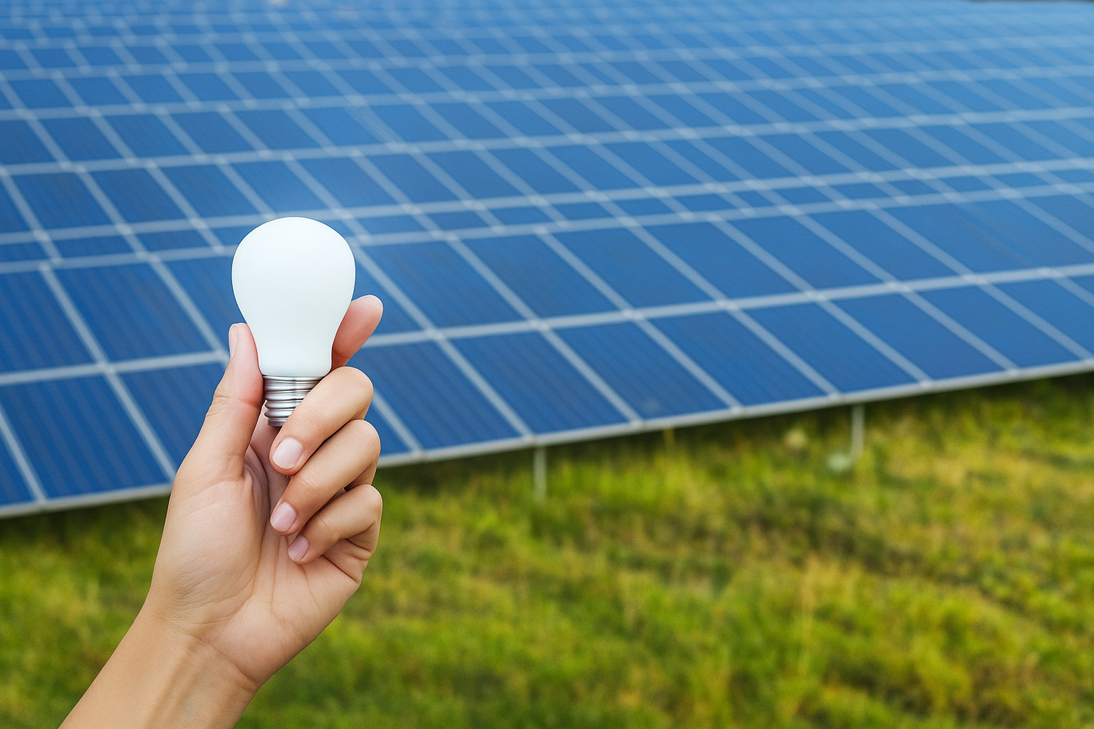 Mão segurando uma lâmpada apagada em frente a painéis solares.