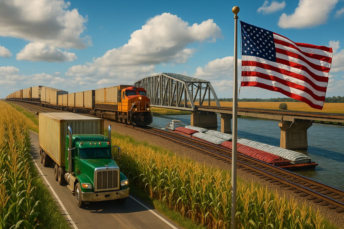 No agro dos EUA, ferrovias e hidrovias substituem 15 mil caminhões por 15 barcaças; no Brasil, rodovias caras e CO₂ ainda travam a competitividade.