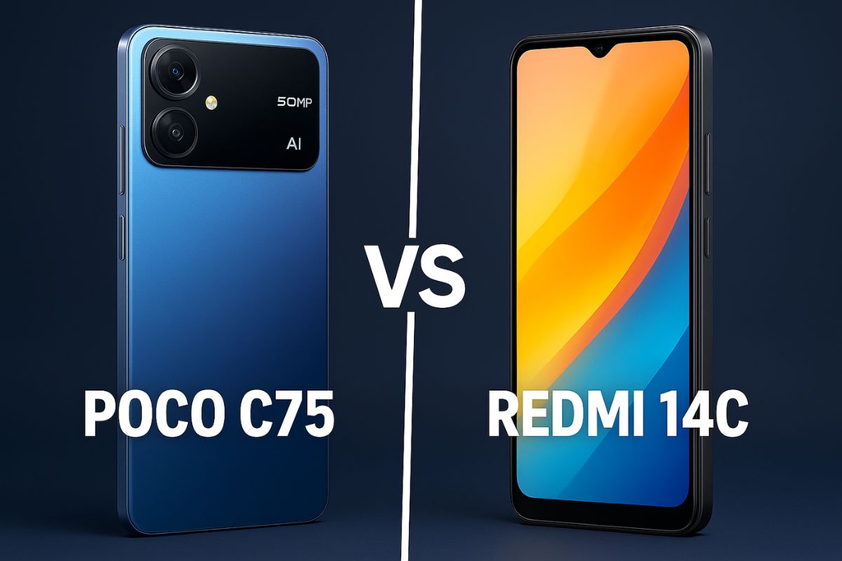 Comparativo mostra que Poco C75 supera o Redmi 14C em RAM, NFC e atualizações, enquanto o rival da Xiaomi leva vantagem em câmeras de 50 MP e tela de 120 Hz.