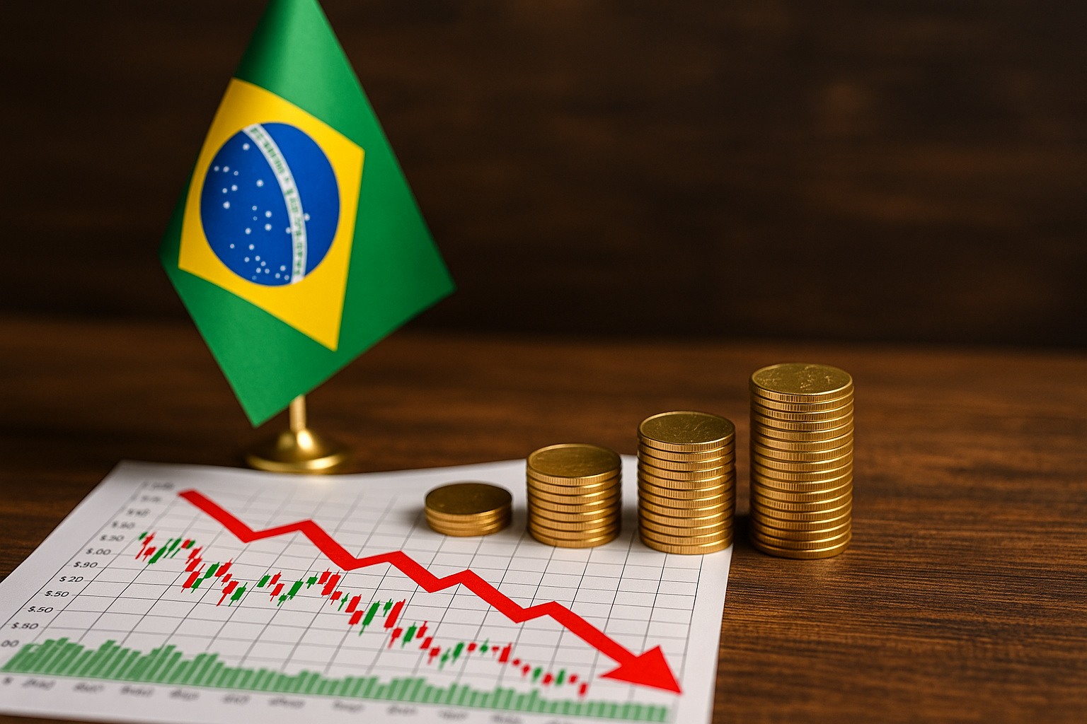 Gráfico de queda do PIB brasileiro com bandeira do Brasil e pilhas de moedas douradas.