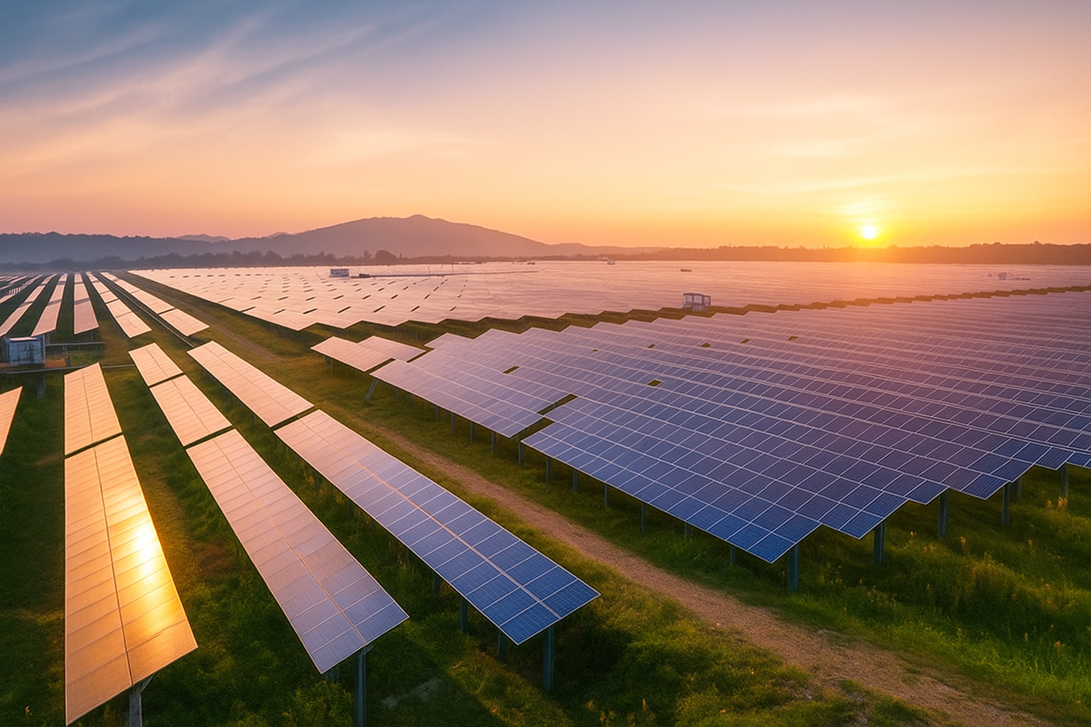 Usina solar ao amanhecer com painéis fotovoltaicos refletindo a luz dourada do sol nascente.