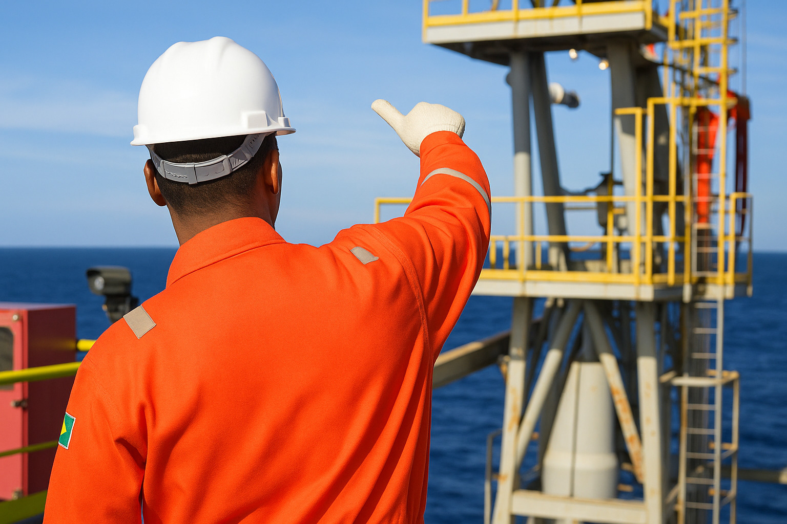 Trabalhador de uniforme laranja em plataforma de petróleo offshore apontando para a estrutura metálica sob céu azul.