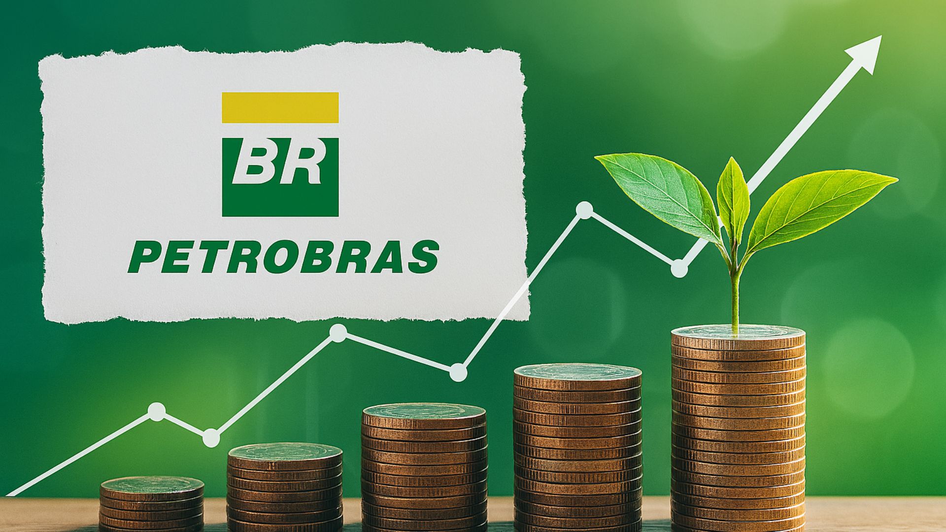 Gráfico de crescimento com pilhas de moedas e planta verde simbolizando sustentabilidade, ao lado do logotipo da Petrobras sobre fundo verde