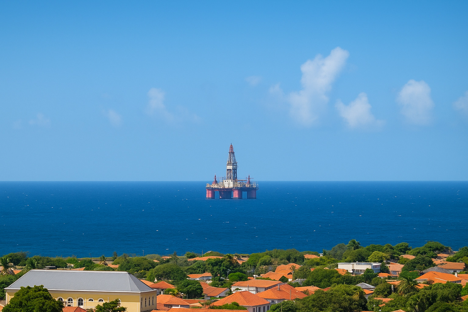 Plataforma de petróleo no mar vista ao meio-dia em frente a uma cidade costeira.