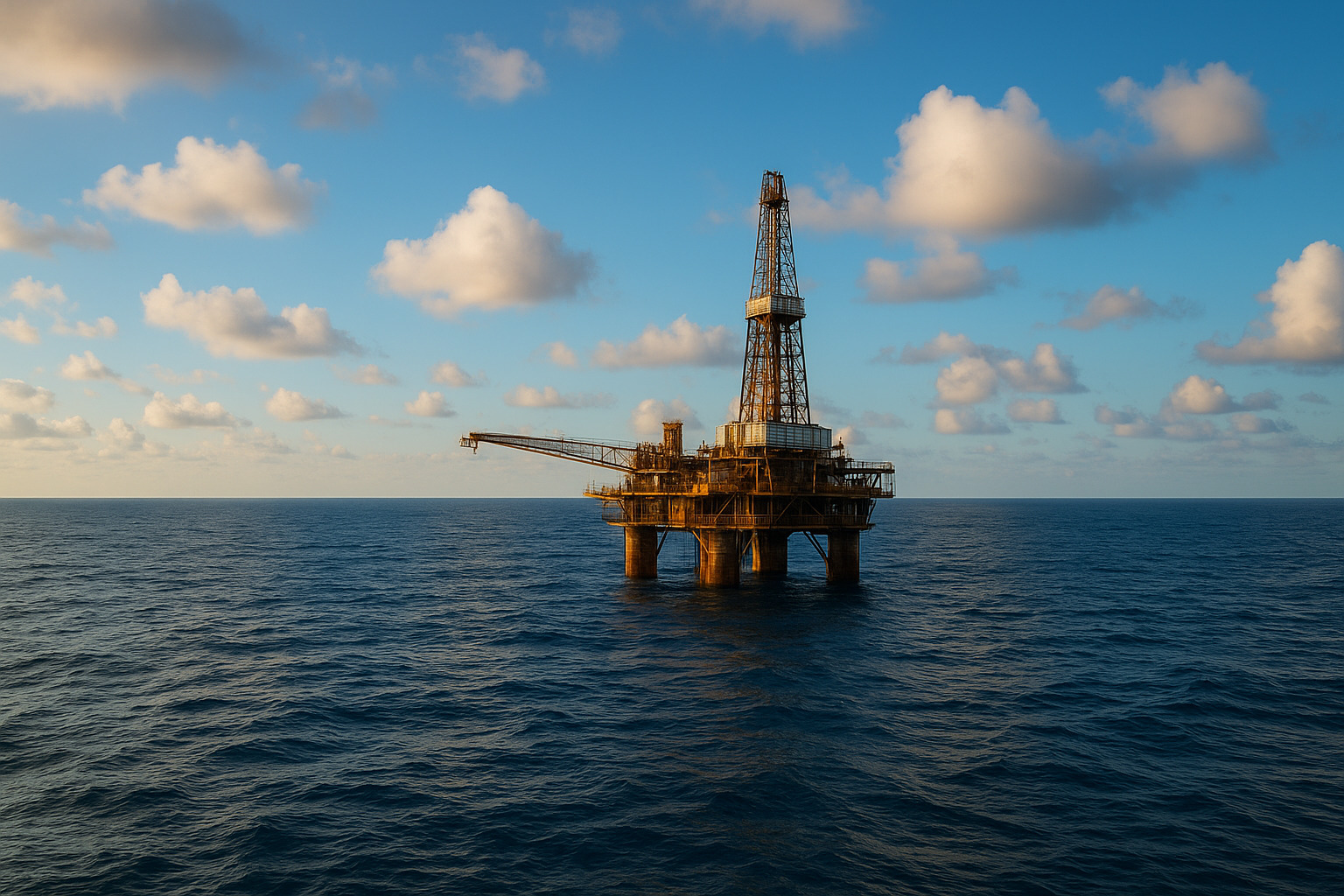 Plataforma de petróleo offshore em meio ao oceano sob céu azul.