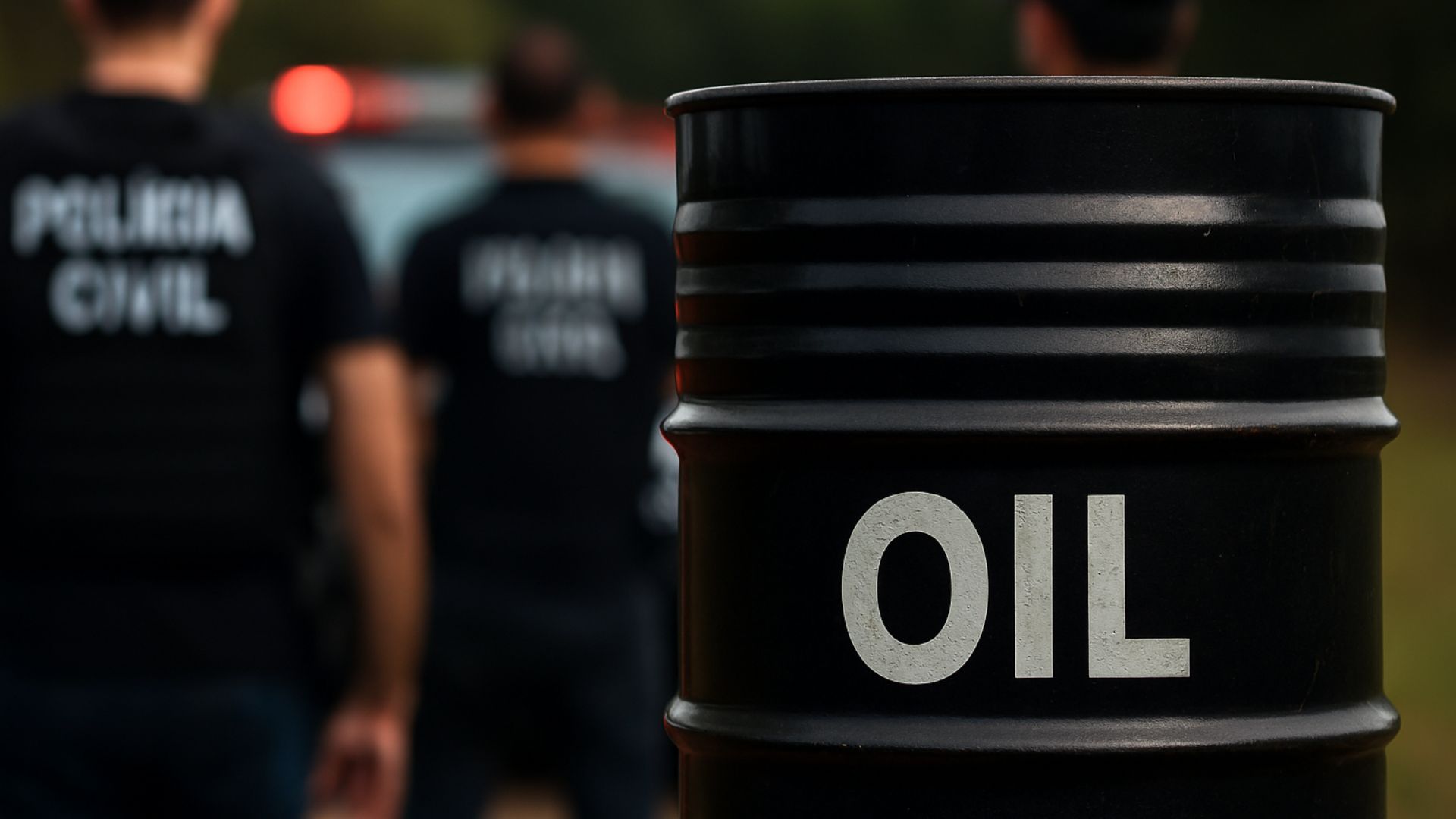 Barril de petróleo em destaque com policiais da Polícia Civil desfocados ao fundo durante operação no RJ.