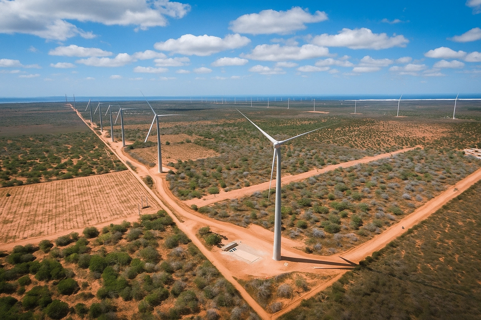 Parque eólico em área rural com céu parcialmente nublado.