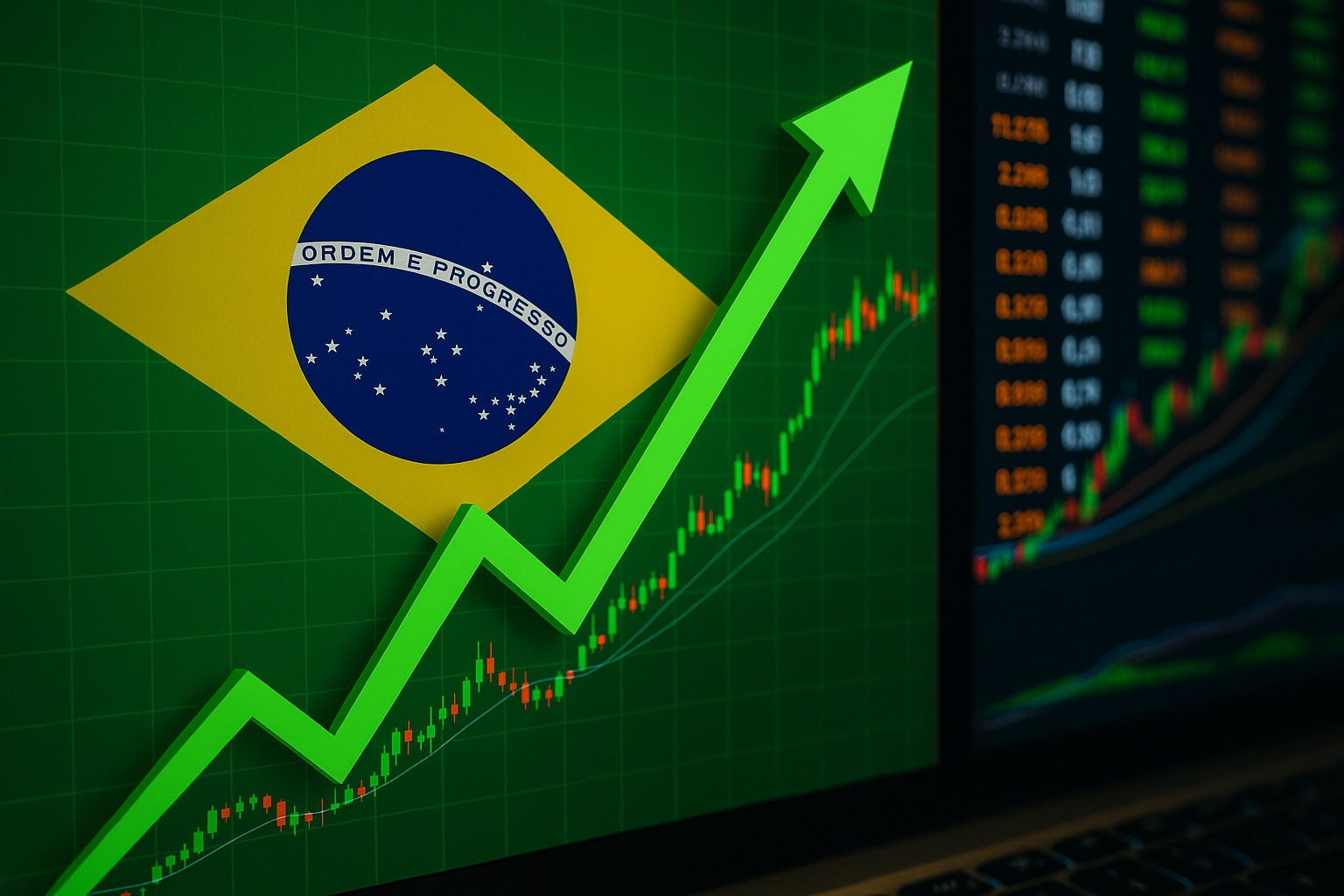 Gráfico de alta da Bolsa brasileira com bandeira do Brasil e indicadores financeiros em destaque