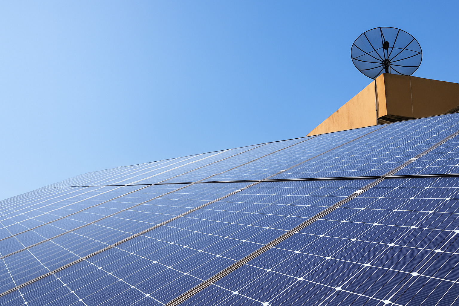 Painéis solares em telhado com céu azul limpo ao fundo.