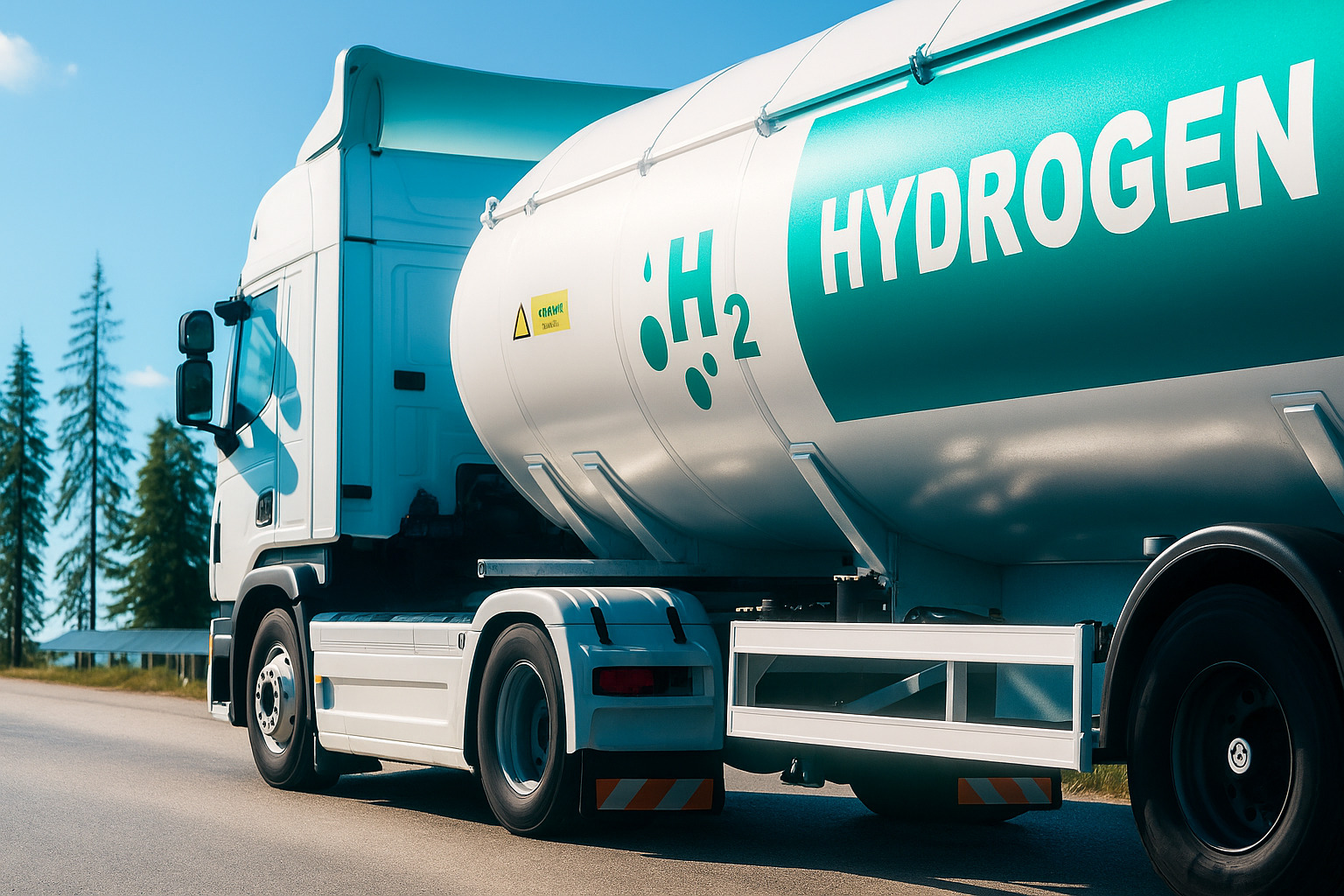 Caminhão tanque de hidrogênio em estrada iluminada com cores vivas.