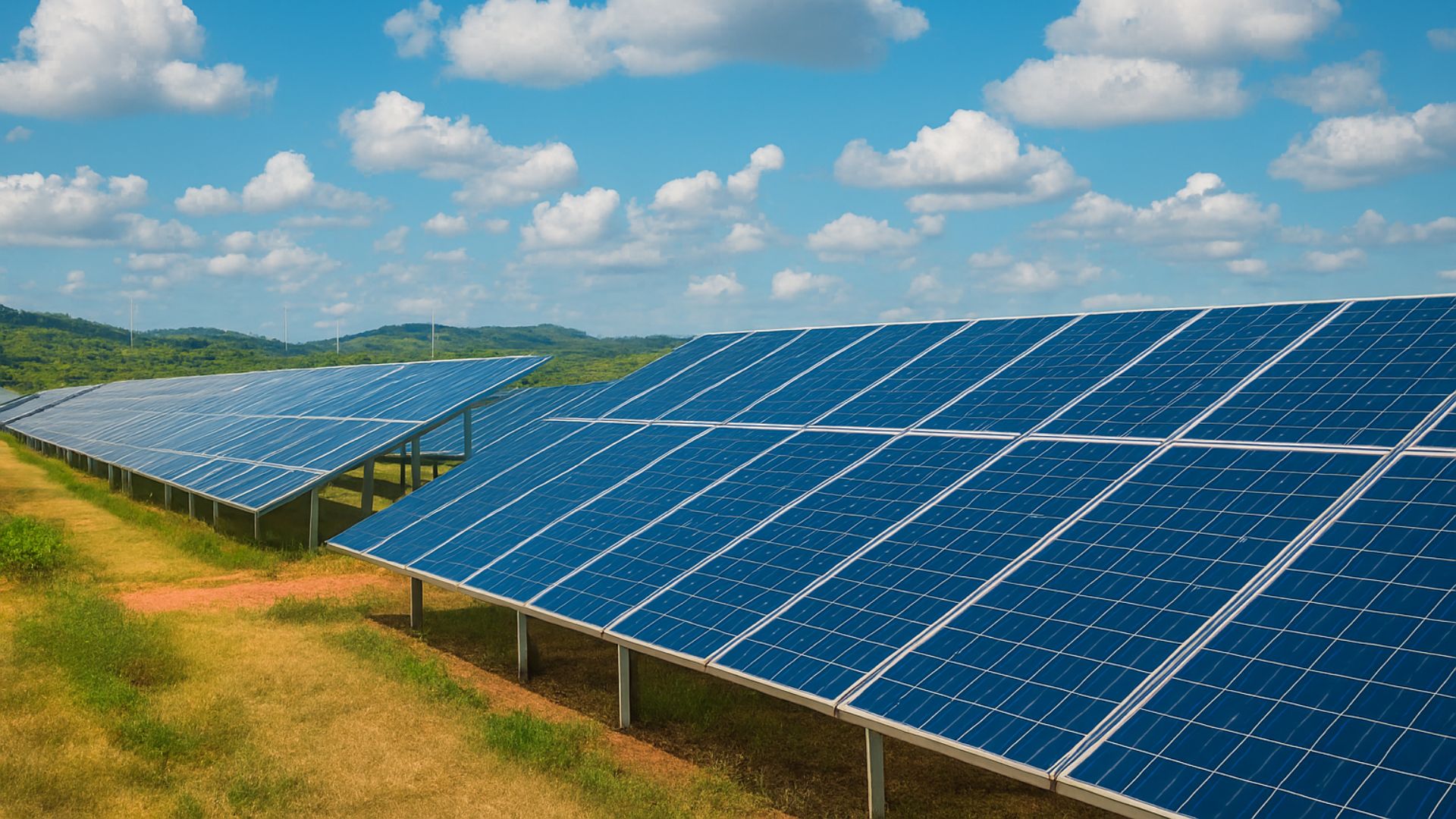 Painéis solares em campo aberto sob céu azul com nuvens, em paisagem típica do interior nordestino, representando geração de energia solar sustentável.