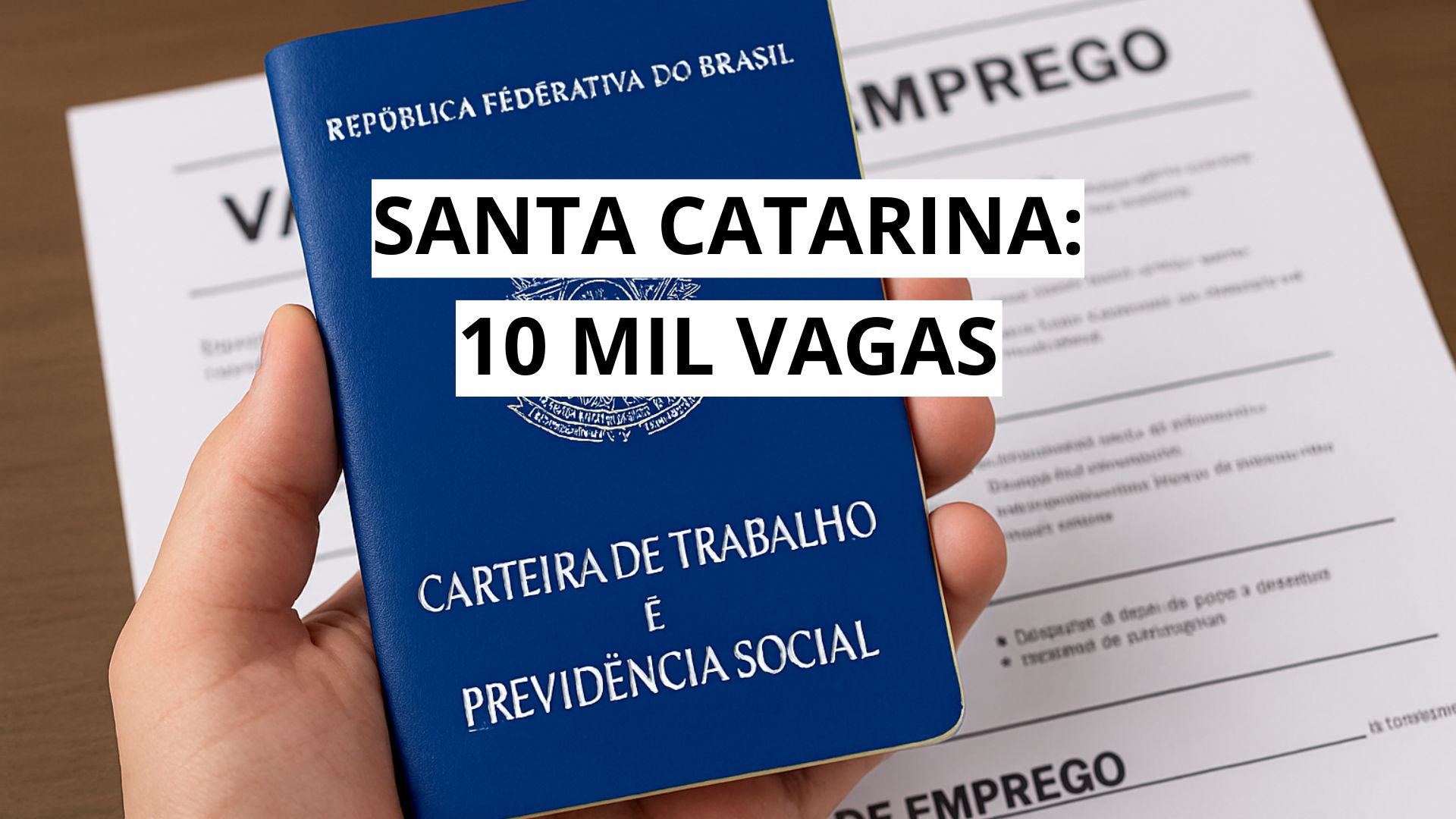 Carteira de Trabalho brasileira sendo segurada por uma mão sobre documento com título “Vaga de Emprego” e sobreposição de texto “Santa Catarina: 10 mil vagas”