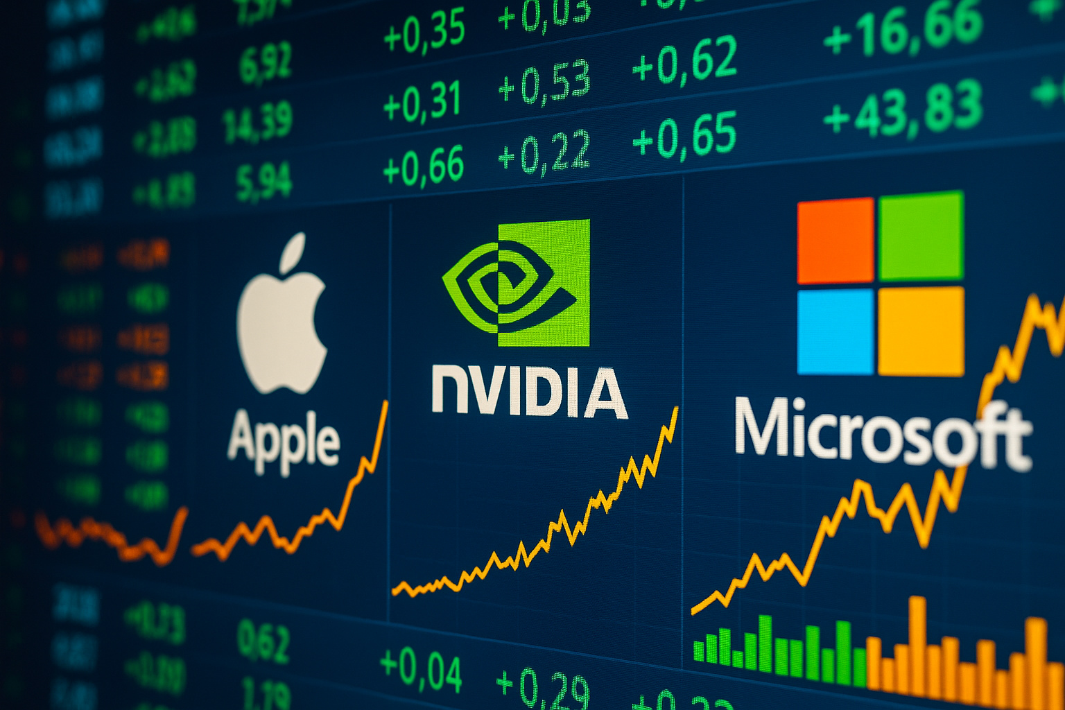 Gráficos de valorização em alta com logotipos da Apple, NVIDIA e Microsoft representando crescimento das ações de tecnologia.