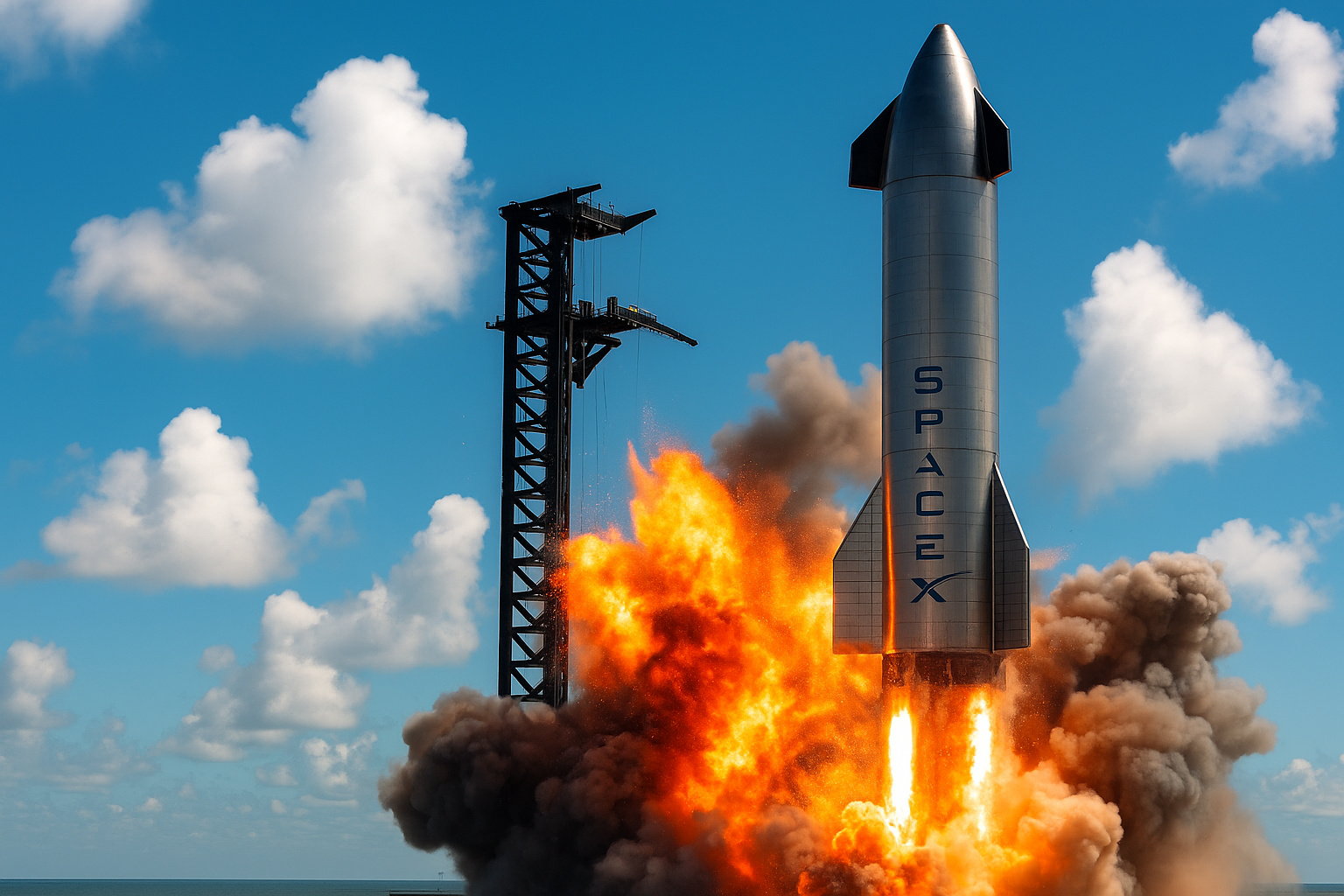 Foguete Starship da SpaceX em lançamento com chamas e fumaça intensas em 2025