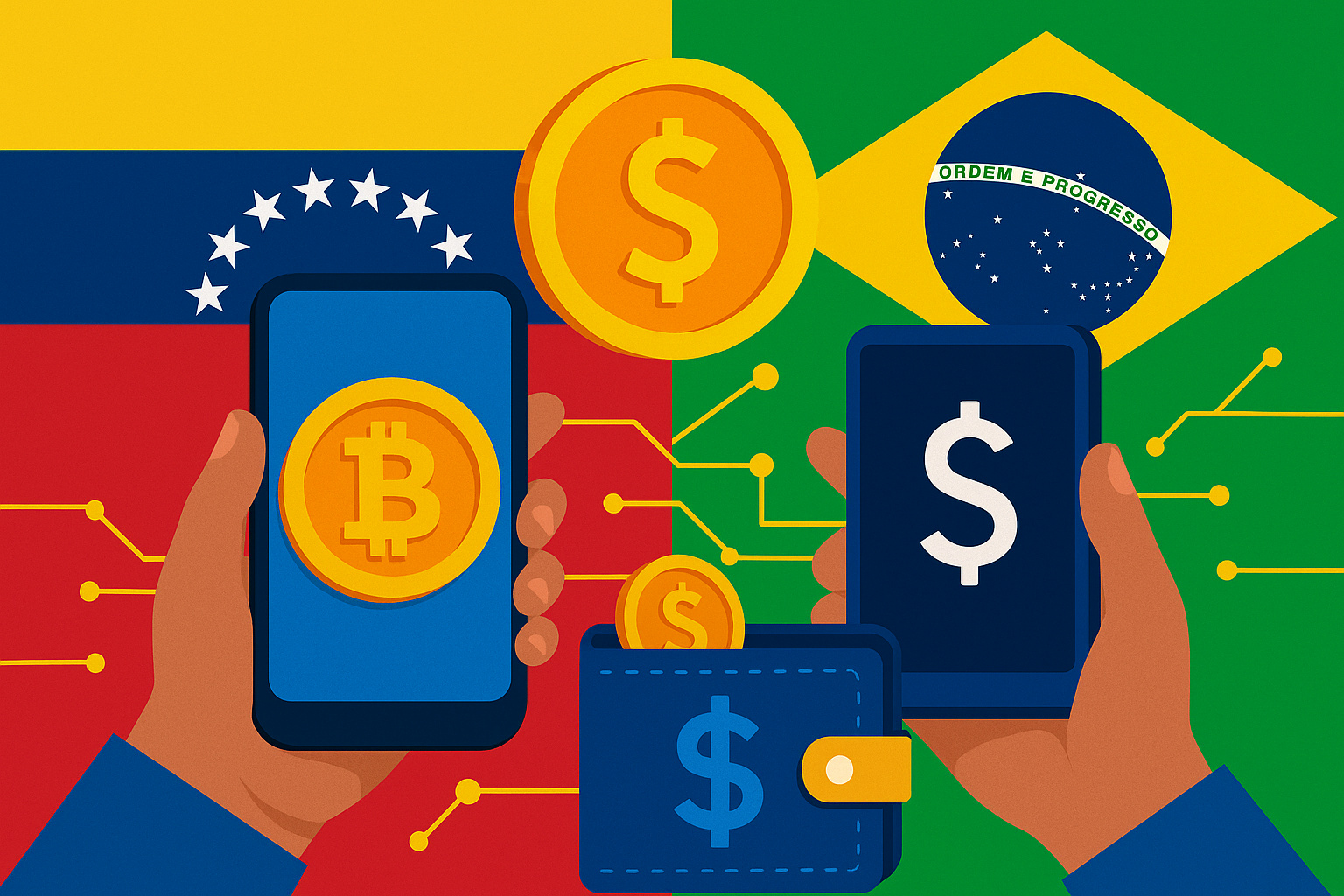Ilustração digital mostrando conexão financeira entre Brasil e Venezuela com smartphones exibindo criptomoedas, stablecoins e dólar digital.