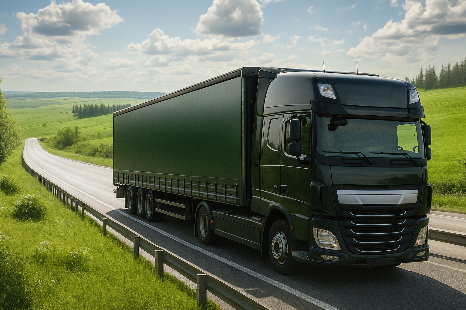 Caminhão preto de grande porte em movimento em uma estrada rural.