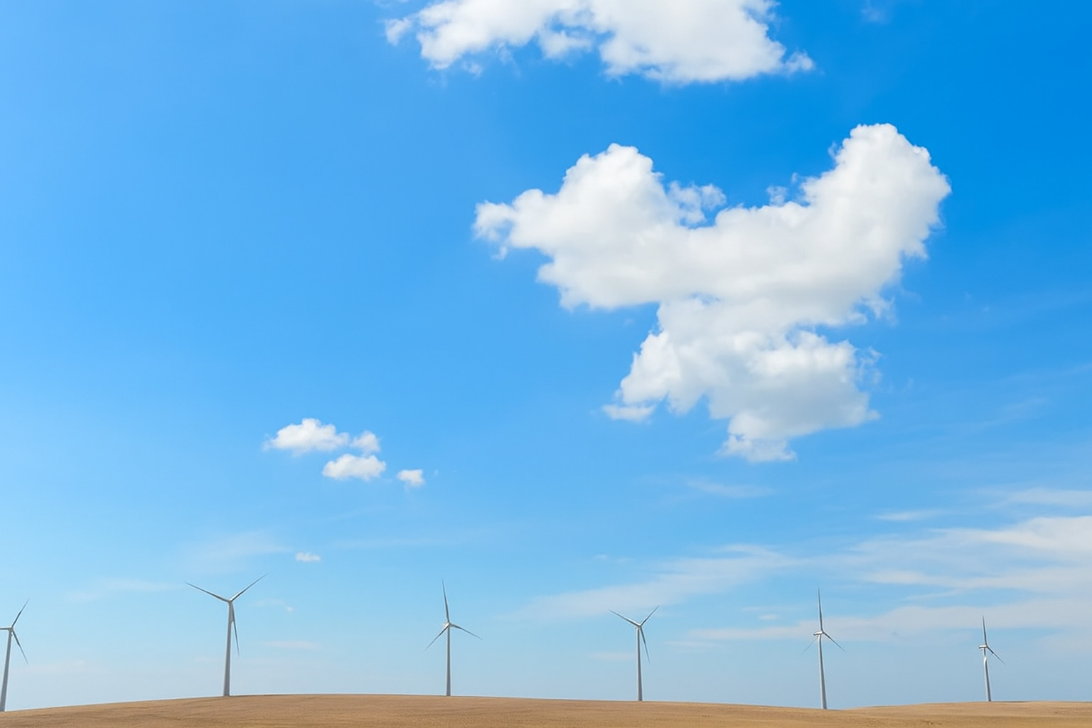 Céu azul de meio-dia parcialmente nublado com turbinas eólicas em campo aberto.