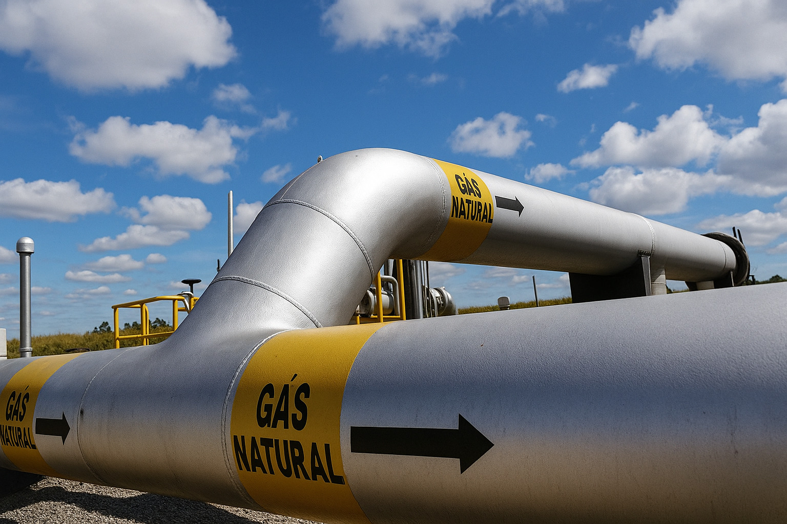 Gasoduto de transporte de gás natural com céu parcialmente nublado ao fundo.