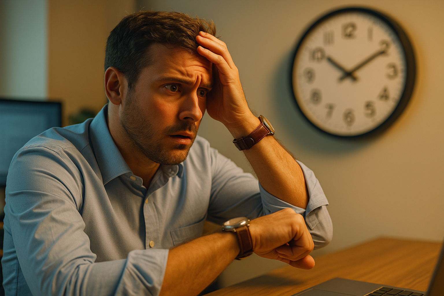 Funcionário preocupado olha para o relógio no escritório, refletindo sobre horas extras e jornada de trabalho.