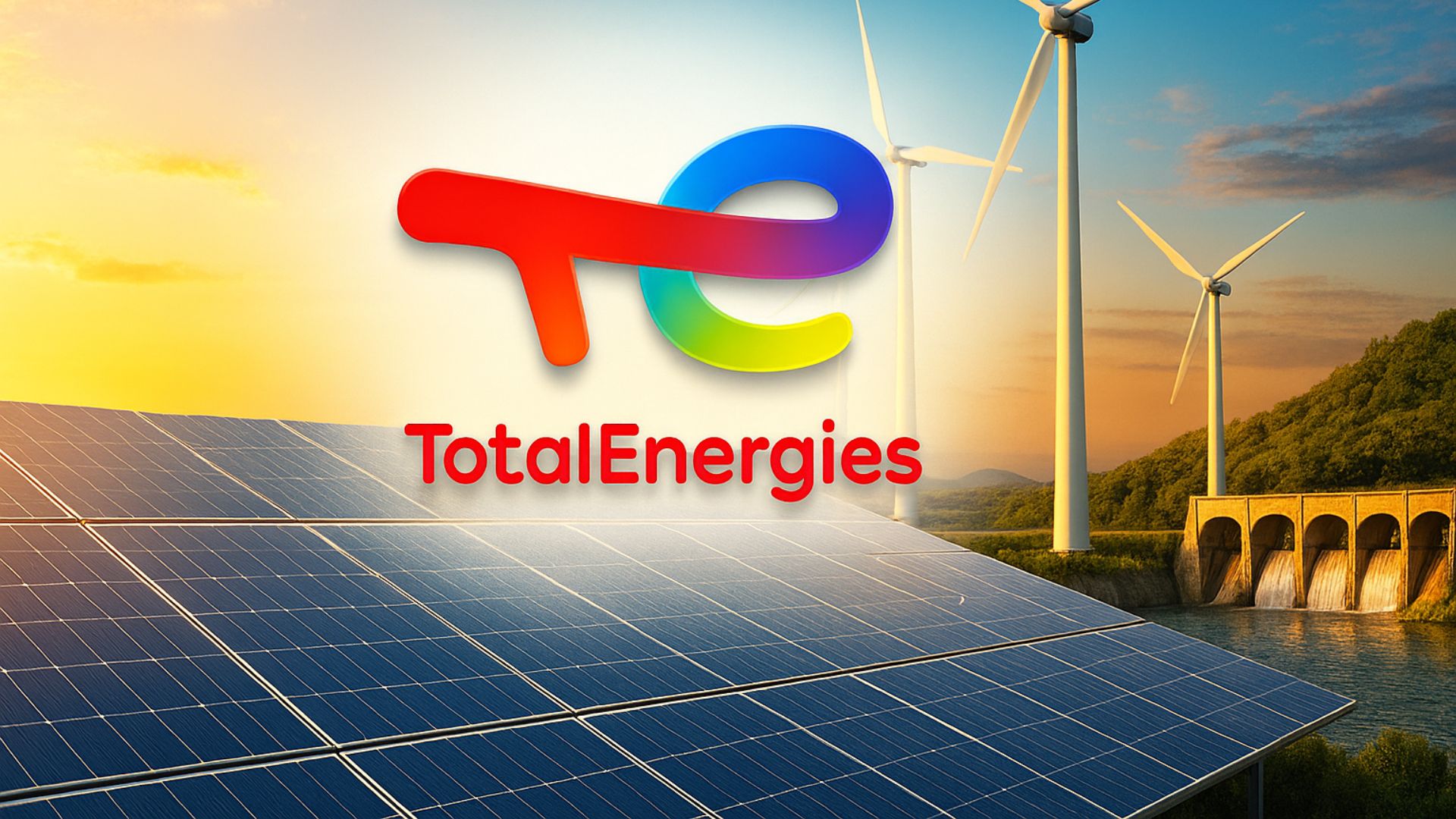 Imagem realista de fontes de energia renovável, incluindo painéis solares, turbinas eólicas e uma barragem hidrelétrica ao pôr do sol, com o logotipo da TotalEnergies centralizado e suavemente sombreado.