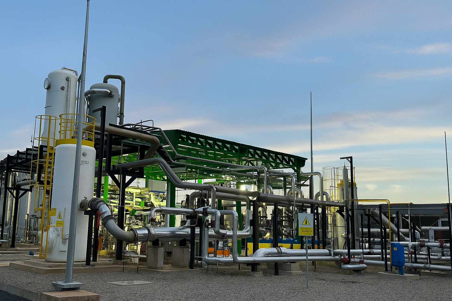 Estrutura industrial de processamento com tubulações e reservatórios sob céu parcialmente nublado ao meio-dia.