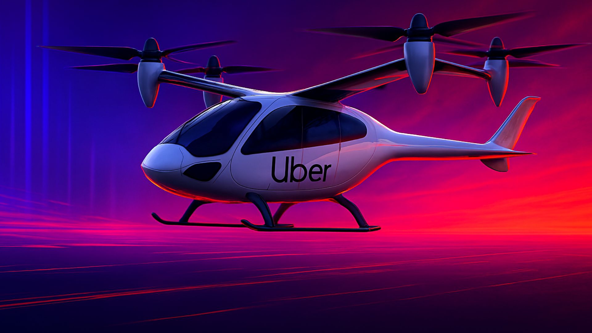 eVTOL futurista da Uber voando em cenário urbano iluminado com tons vibrantes de roxo e vermelho