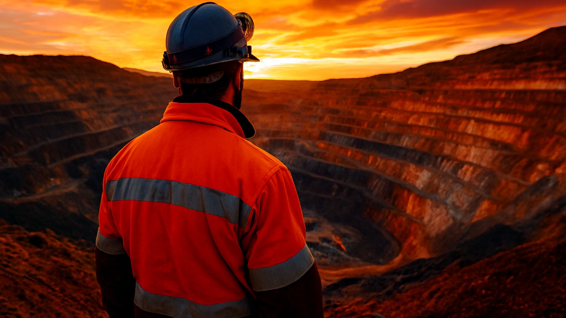 Trabalhador de mineração observa uma mina a céu aberto ao pôr do sol, vestindo equipamento de segurança com cores vibrantes.