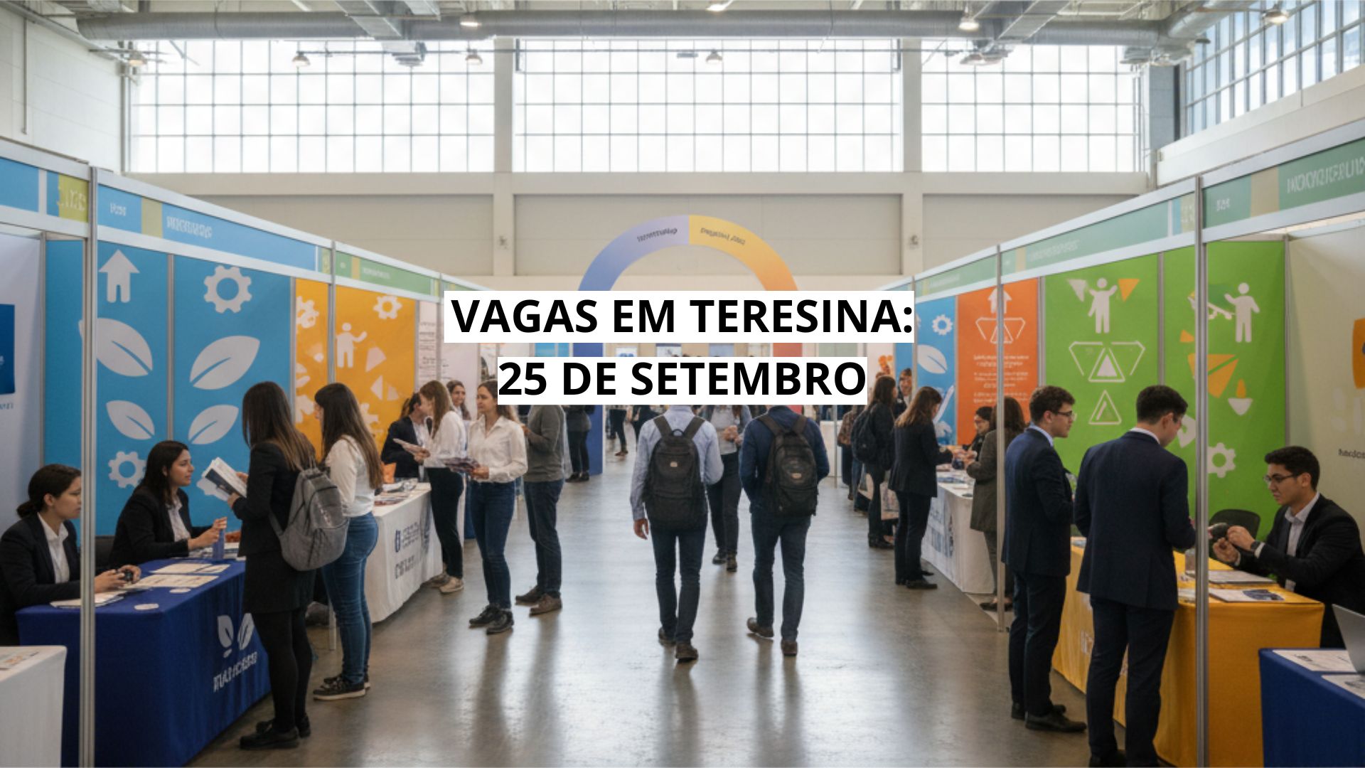 Feira de Emprego em Teresina com estandes de empresas e candidatos circulando pelo espaço no dia 25 de setembro.