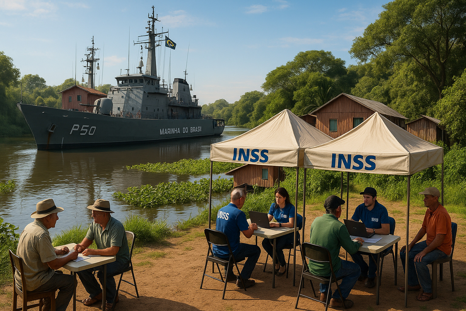 INSS realiza atendimentos presenciais a pescadores e trabalhadores rurais do Pantanal com apoio da Marinha do Brasil.