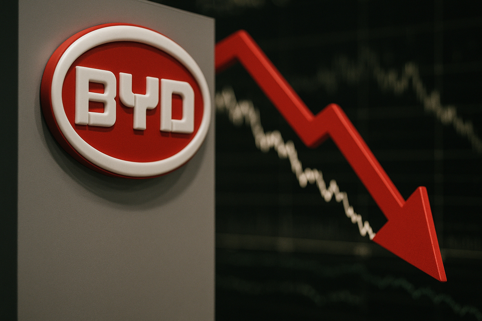 Logotipo da BYD acompanhado de seta vermelha de queda simbolizando crise de lucros e superprodução na indústria automotiva chinesa.