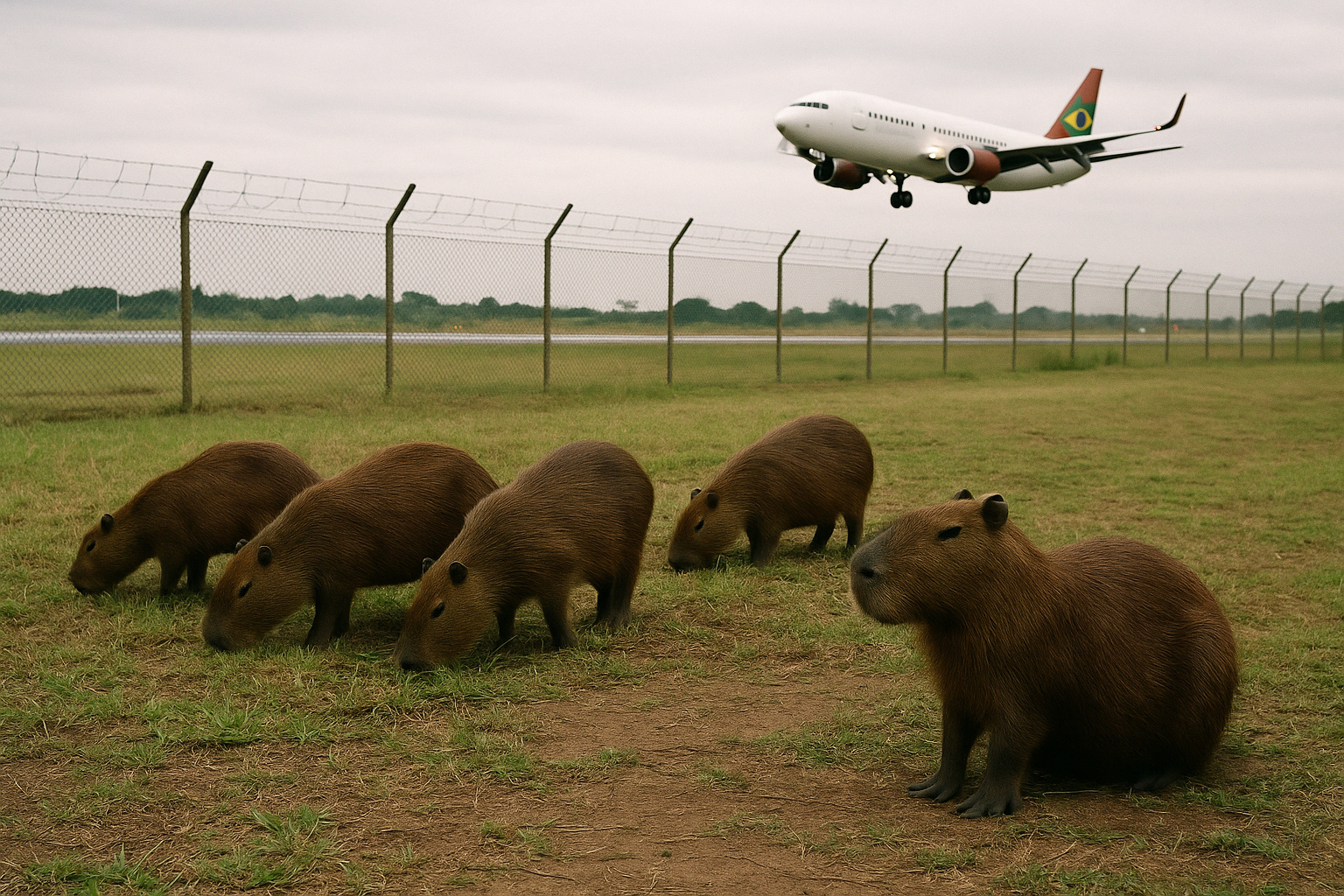 Capivaras em área próxima a pista de aeroporto, com aeronave ao fundo.