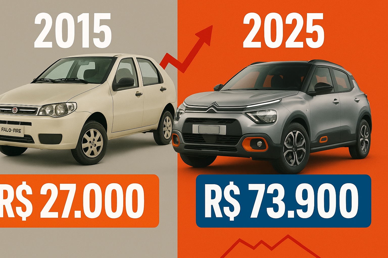Em 2015, o carro mais barato do Brasil custava R$ 27 mil, mas em 2025 o valor quase triplicou, passando de R$ 70 mil e mudando o acesso ao carro popular