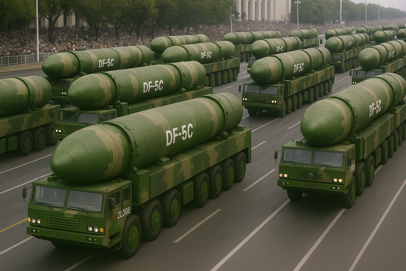 Mísseis nucleares DF-5C em desfile militar na China em 2025.