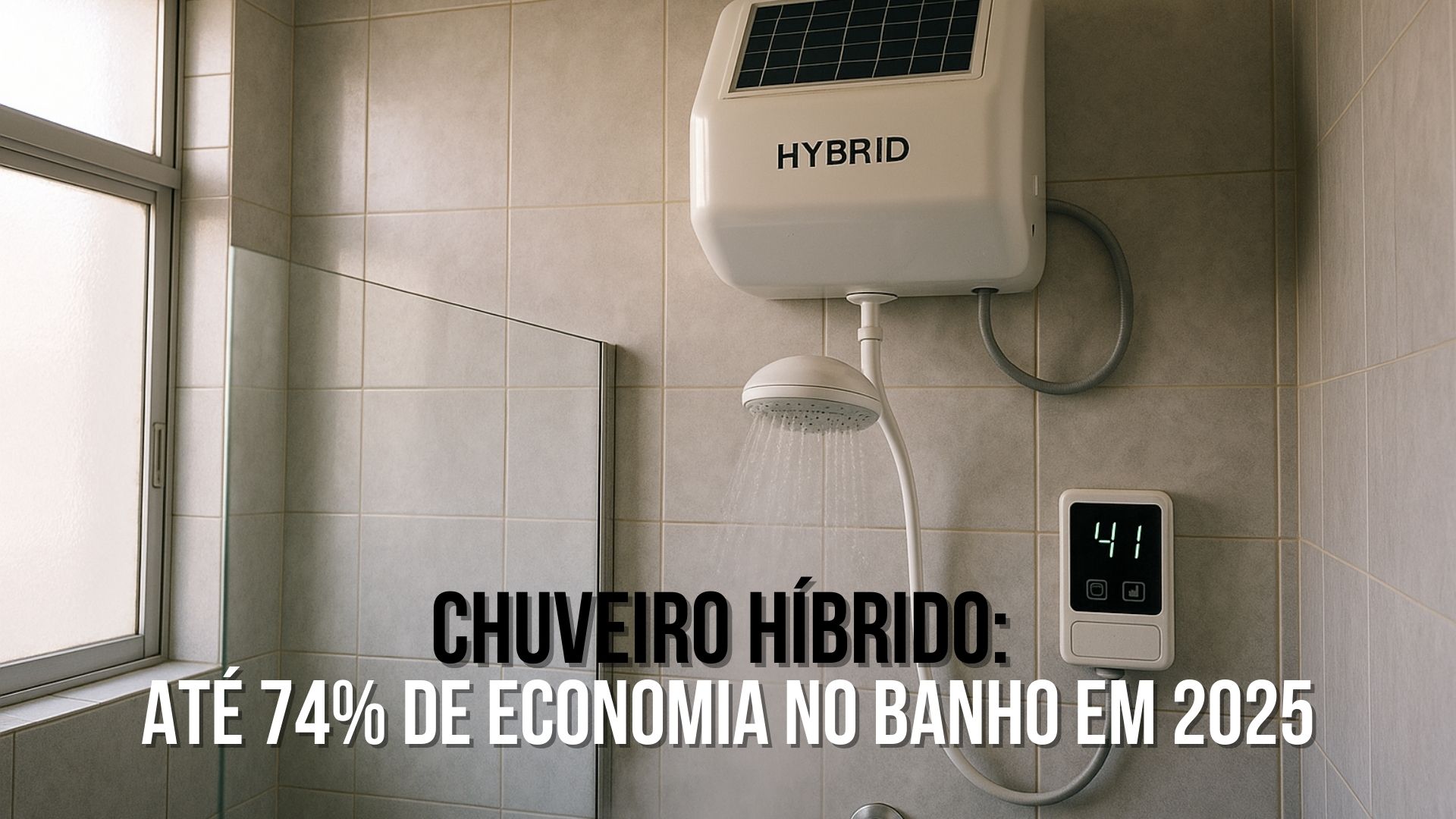 Chuveiro híbrido ligado em banheiro moderno com conexão a painel solar.