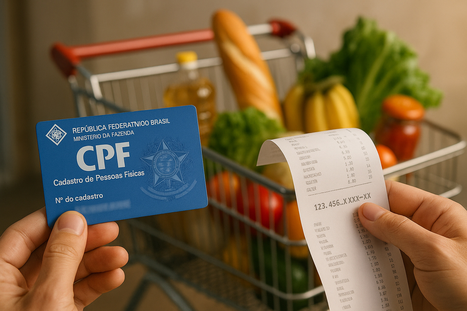 Pessoa incluindo CPF em nota fiscal em balcão de loja com destaque para o documento.