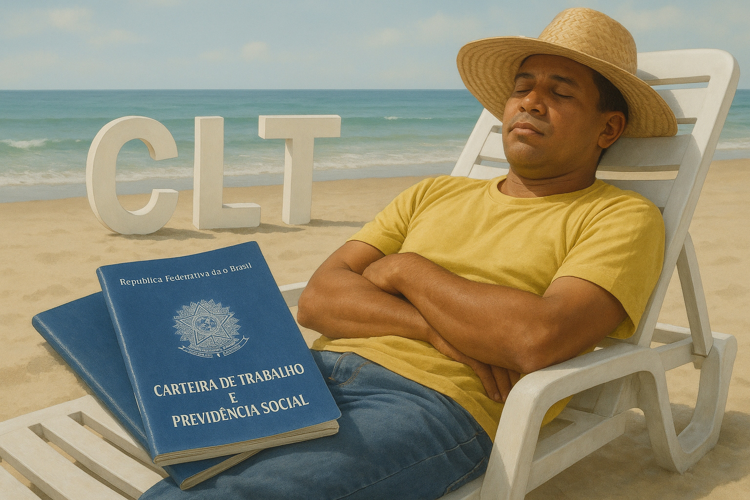 Trabalhador CLT em férias com documentos da lei trabalhista destacando a proibição de demissão nesse período.