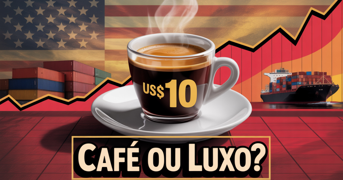 Tarifa de 50 % contra café brasileiro derruba importações aos EUA, faz espresso beirar US$10 e eleva futuros de arábica ao maior nível em 11 anos. (Imagem: Reprodução/ IA)