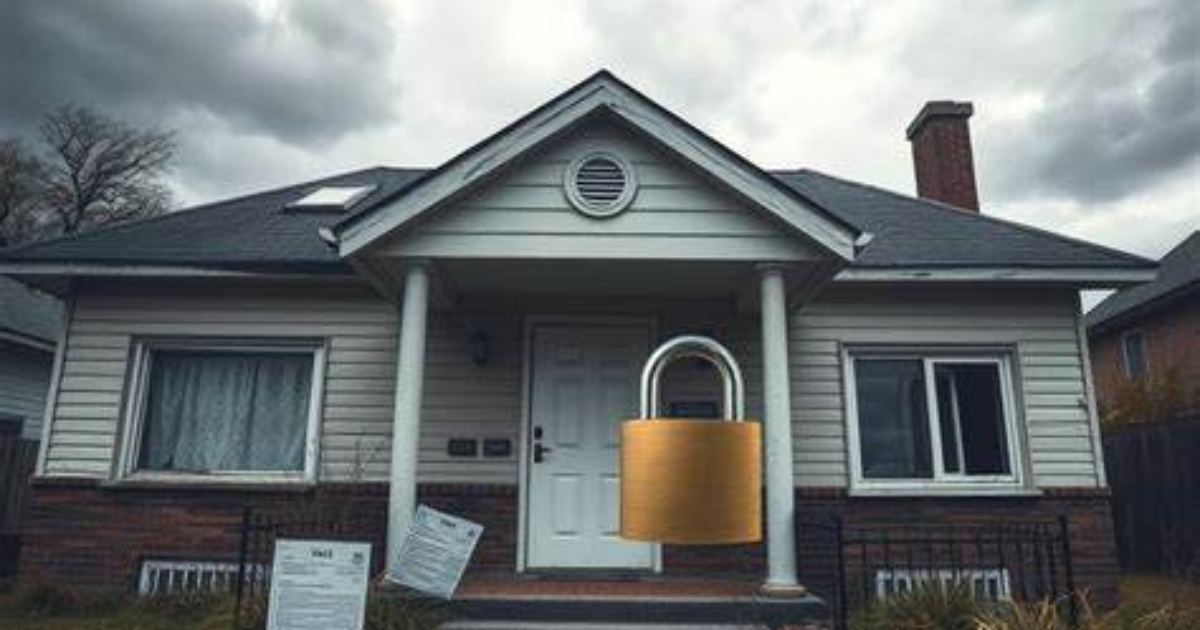 Casa com cadeado e documentos no chão simboliza penhora do imóvel do fiador em execuções de aluguel após decisão do STF. (Imagem: Vieira Braga)