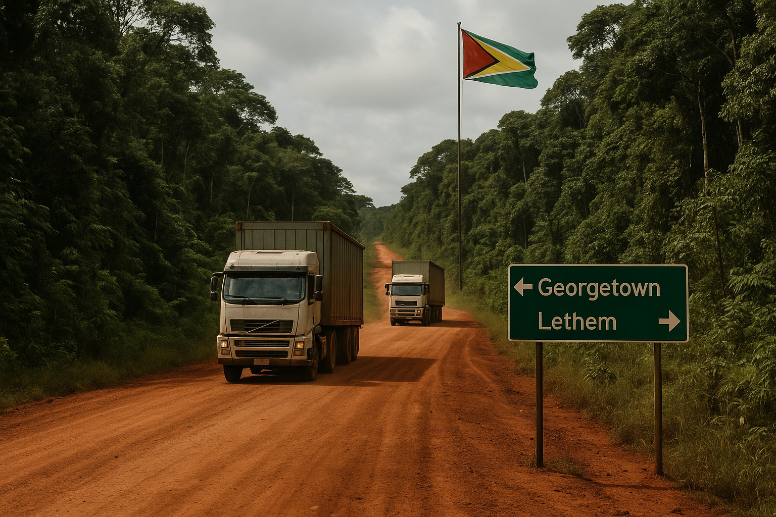 Caminhão trafega em estrada de terra na Guiana que será transformada em rodovia ligando Georgetown ao Brasil.