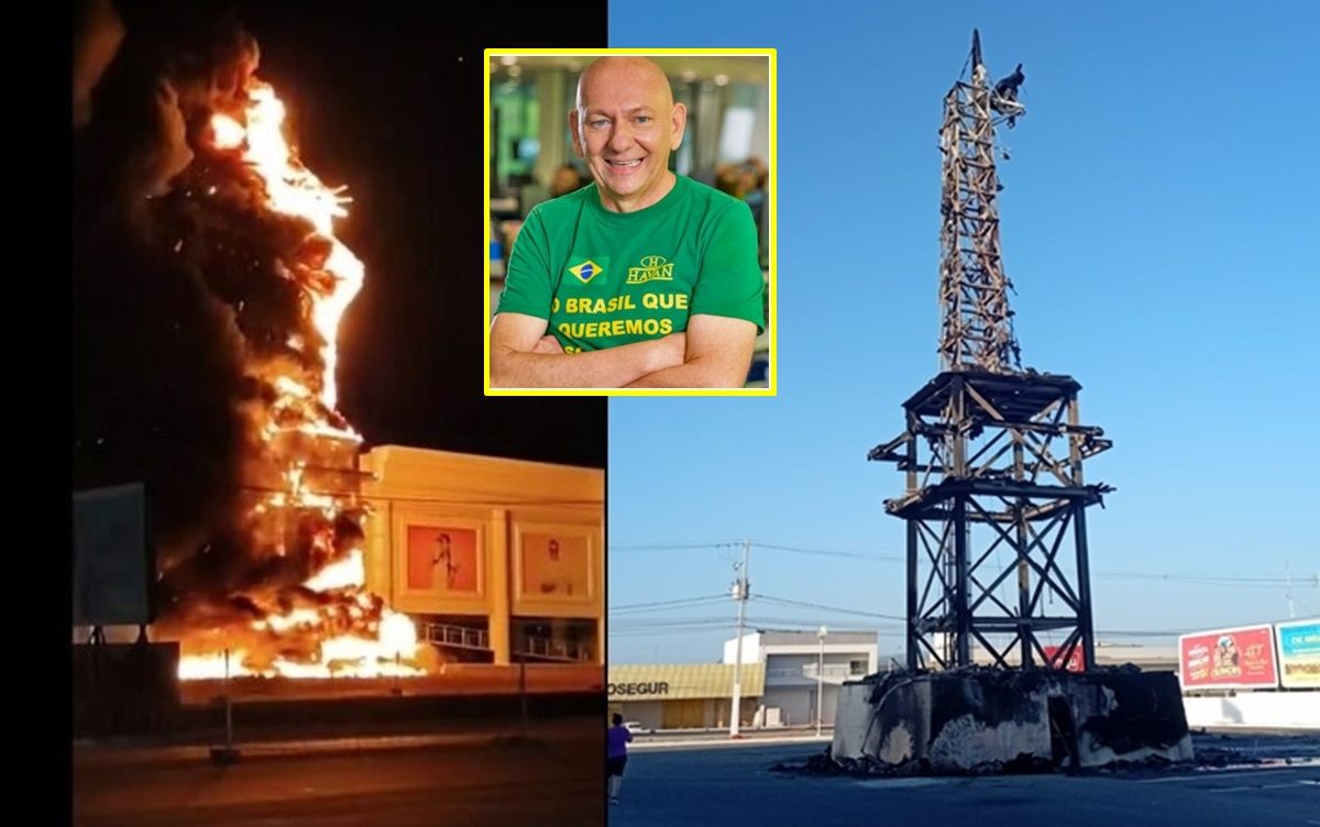 Estátua da Havan em Petrolina é incendiada de madrugada; fogo destrói estrutura, Bombeiros controlam chamas e Polícia investiga ataque criminoso.