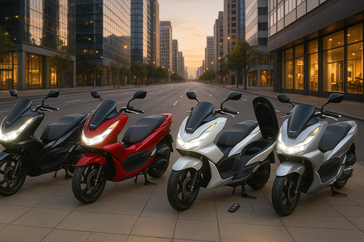 Honda PCX-160 2025 DLX ABS na cor azul, farol LED ligado, painel digital, detalhe porta-objetos, scooter estacionada em cidade grande