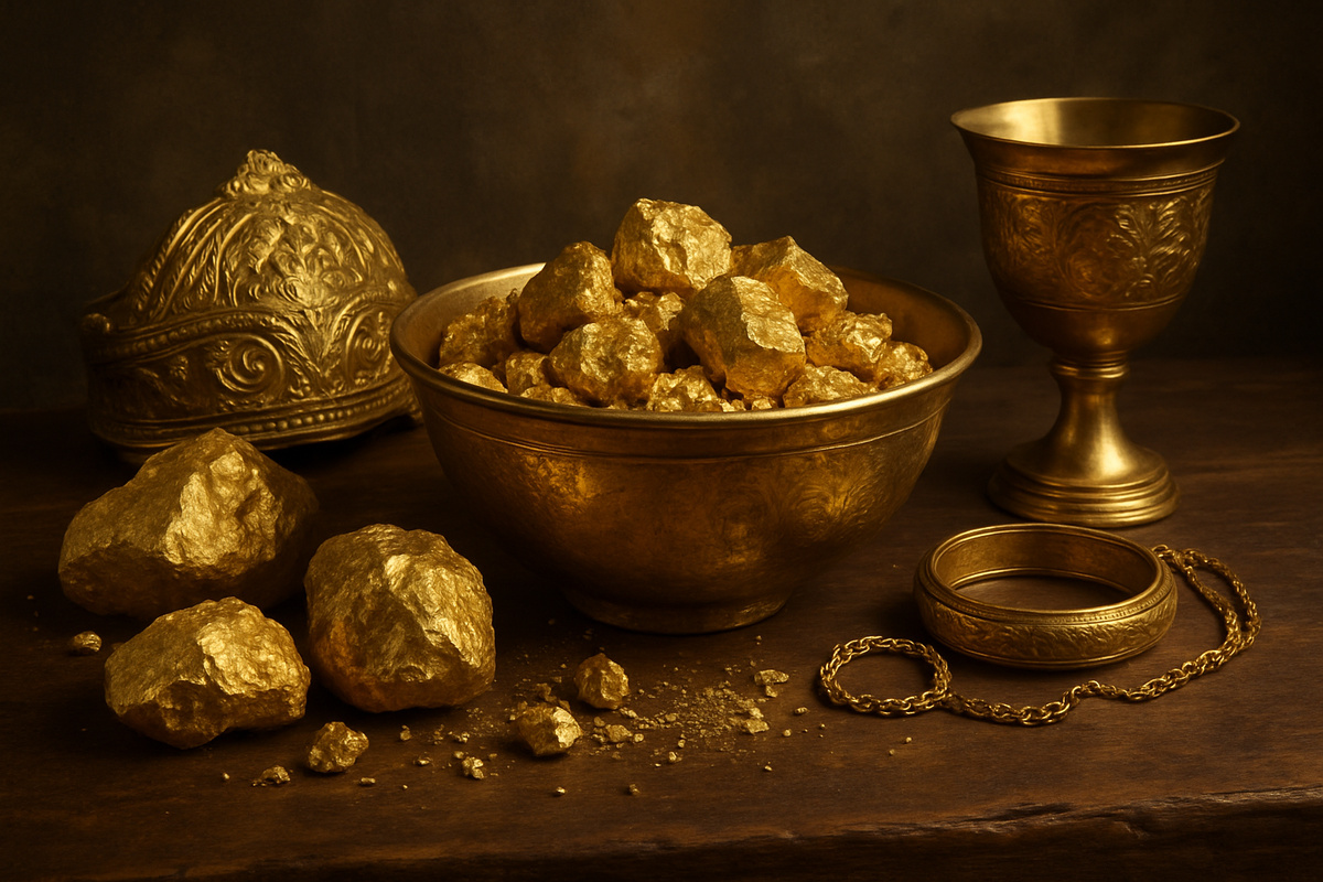 Barras, joias e pepitas de ouro em mesa rústica, simbolizando a exploração colonial na Colômbia e no Brasil