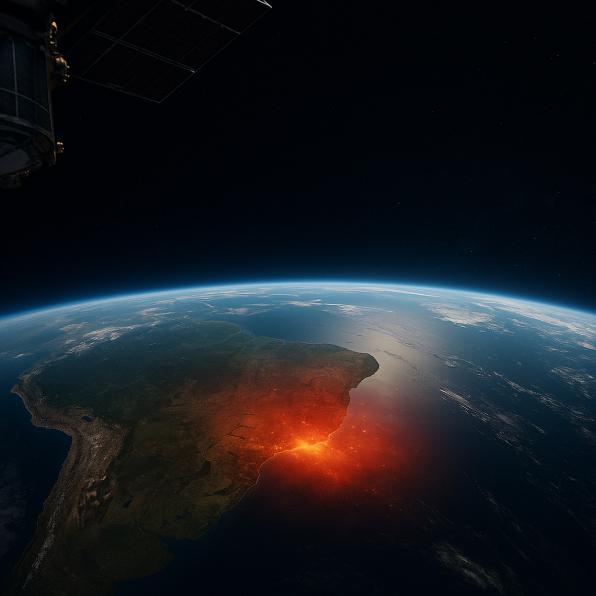 Imagem ultra realista da Terra vista do espaço com destaque para a anomalia magnética no Atlântico Sul sobre o Brasil.