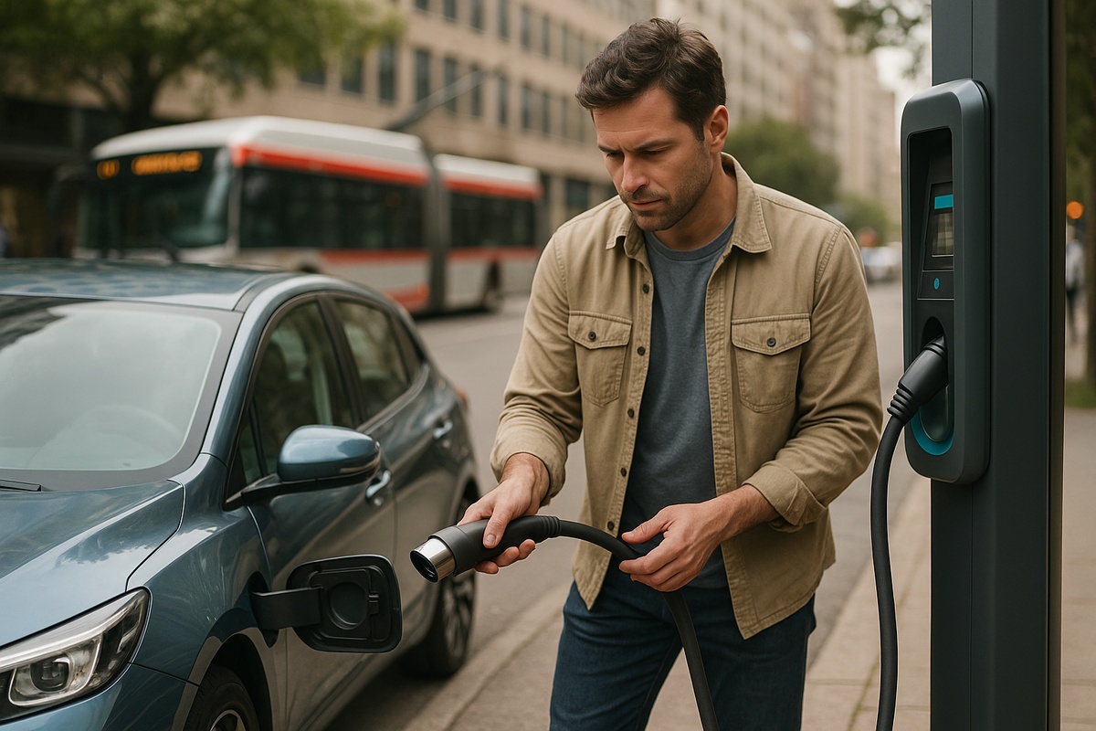 Homem conecta carro elétrico azul em ponto de recarga pública com ônibus ao fundo, representando mobilidade elétrica no Brasil.