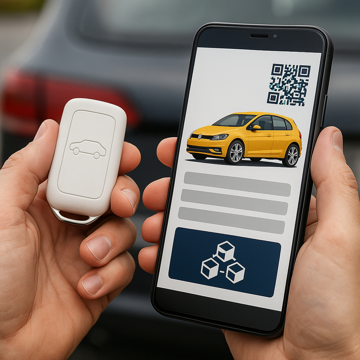 Pessoa segurando chave de carro e smartphone exibindo passaporte digital veicular em blockchain, representando a tokenização de veículos no Paraná.