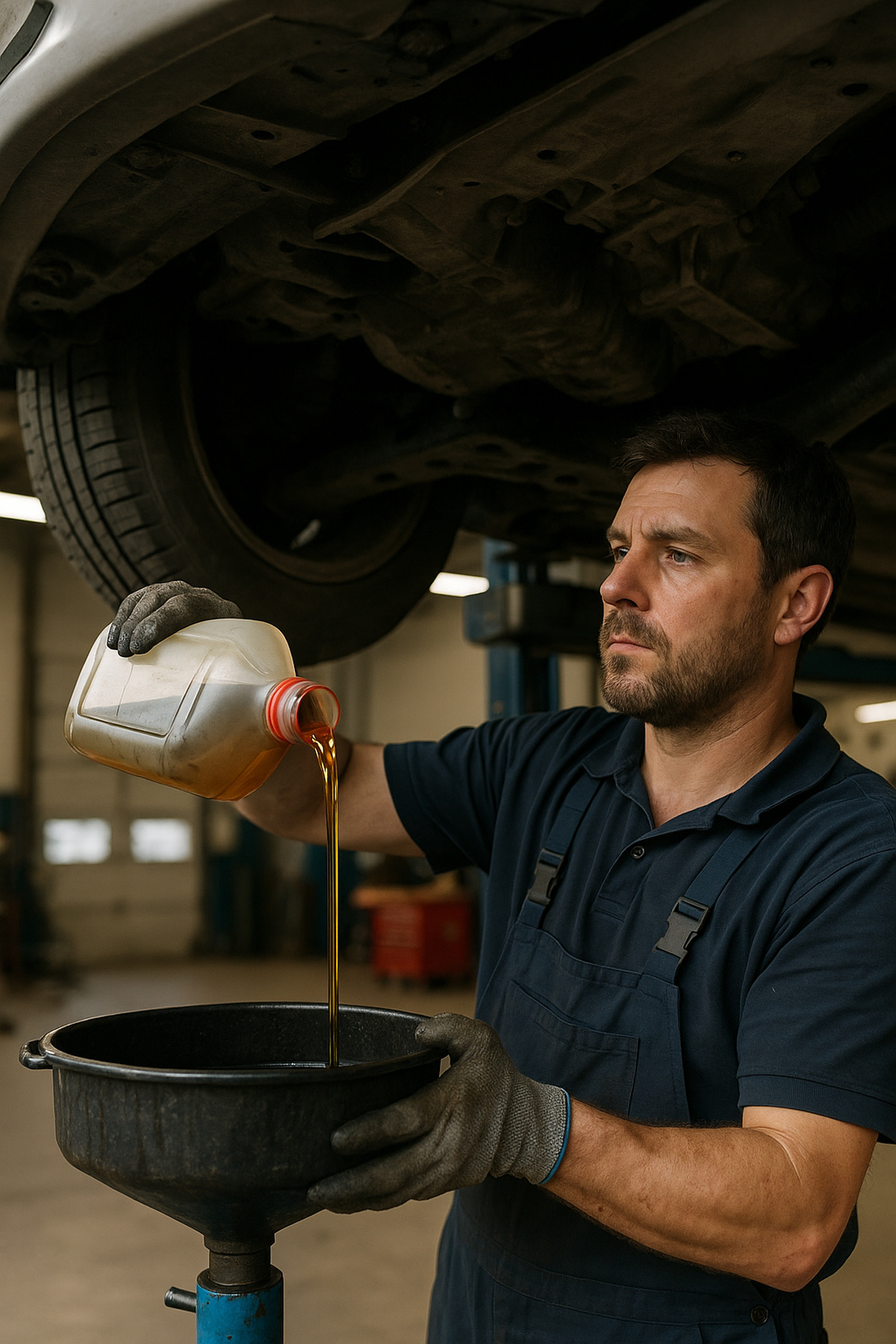Mecânico realizando troca de óleo em carro sobre elevador automotivo em oficina moderna no Brasil.
