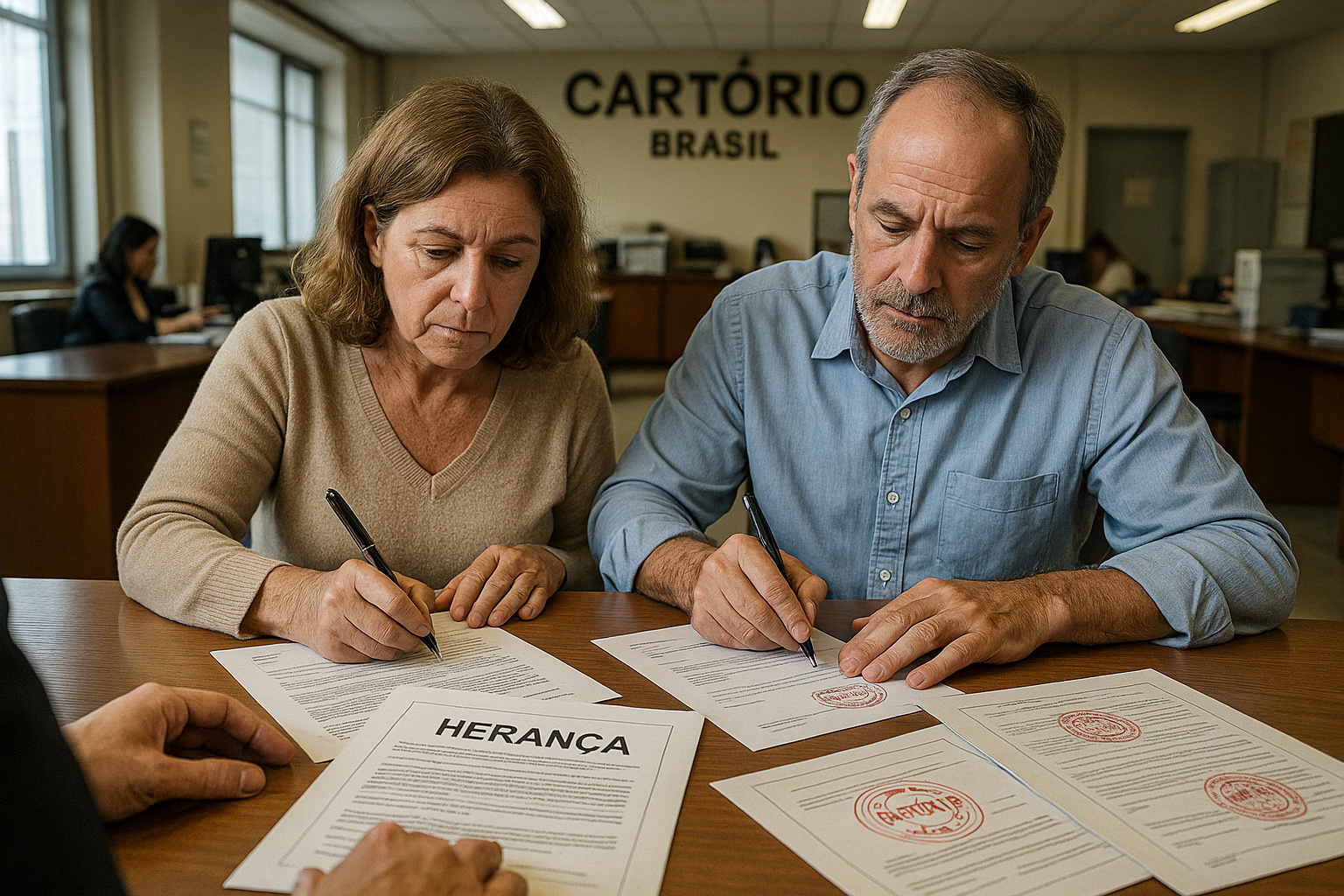 Casal em cartório assinando documentos sobre herança no Brasil.