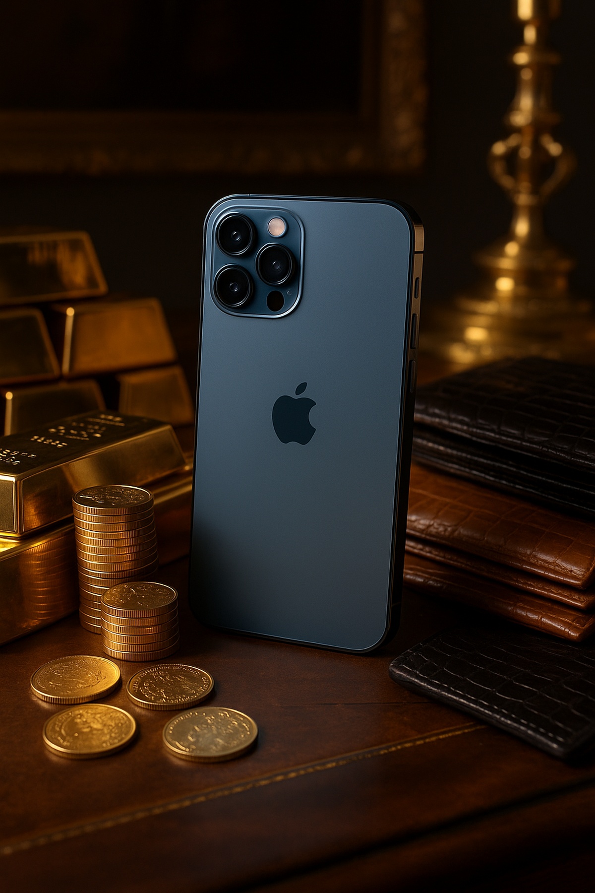 iPhone azul em destaque cercado por moedas de ouro e itens de luxo, simbolizando o celular como artigo de luxo acessível em 2025.