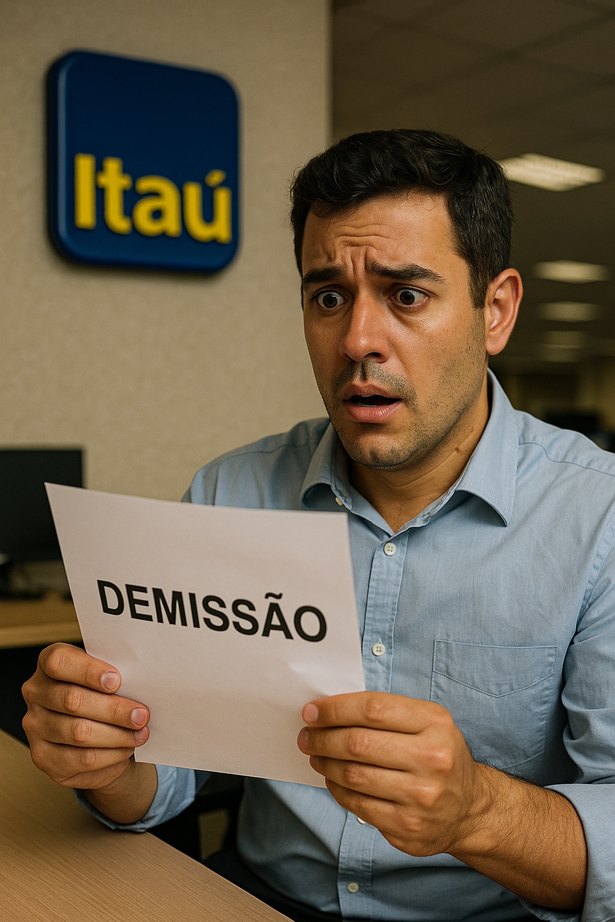 Funcionário surpreso com carta de demissão em agência do Banco Itaú
