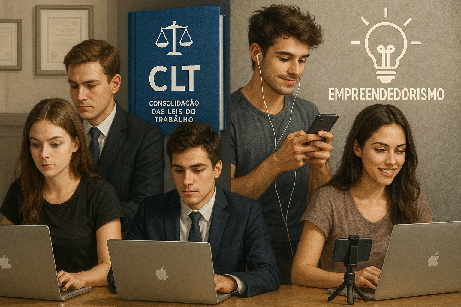 Jovens brasileiros divididos entre trabalho CLT e empreendedorismo digital.